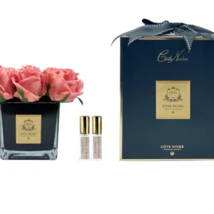 Cote Noire Couture 9 Rose Buds - Square Black Vase - Gold & Peach