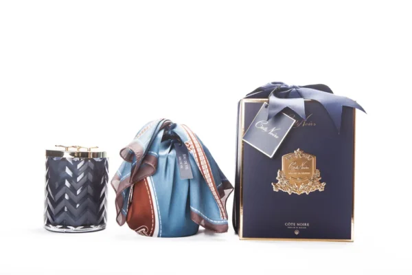Herringbone Candle With Scarf Eau de Vie- Navy & Dragonfly lid 600g
